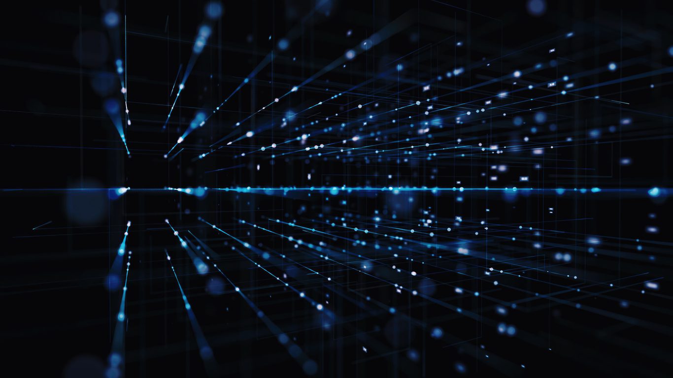 Blue glowing lines and dots extend into the distance on a dark background, creating a futuristic, digital grid that gives a sense of depth, motion, and advanced technology.