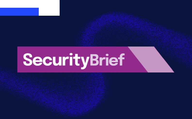 A graphic with a navy blue background and a purple banner displaying the text SecurityBrief in white and light gray font. Abstract blue and purple shapes accent the design, highlighting Radiant Logic News.